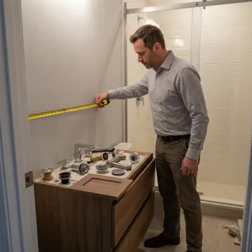 Designer measuring a compact bathroom vanity area