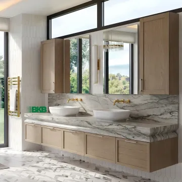 Floating double sink bathroom vanity with modern cabinetry