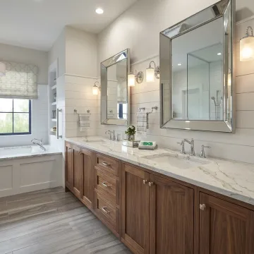 Double sink bathroom vanity with elegant cabinetry