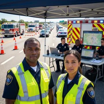 Emergency responders coordinating traffic incident management at highway scene