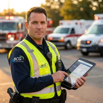 Incident commander using tablet with incident management software in the field