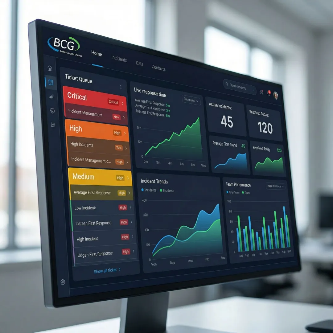 Incident management software dashboard showing real-time ticket tracking and analytics