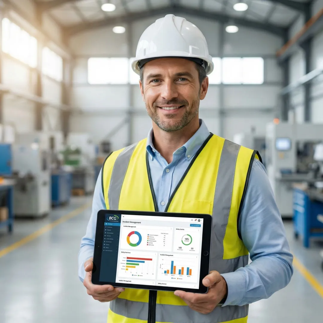 Safety manager reviewing incident analytics on tablet in industrial facility