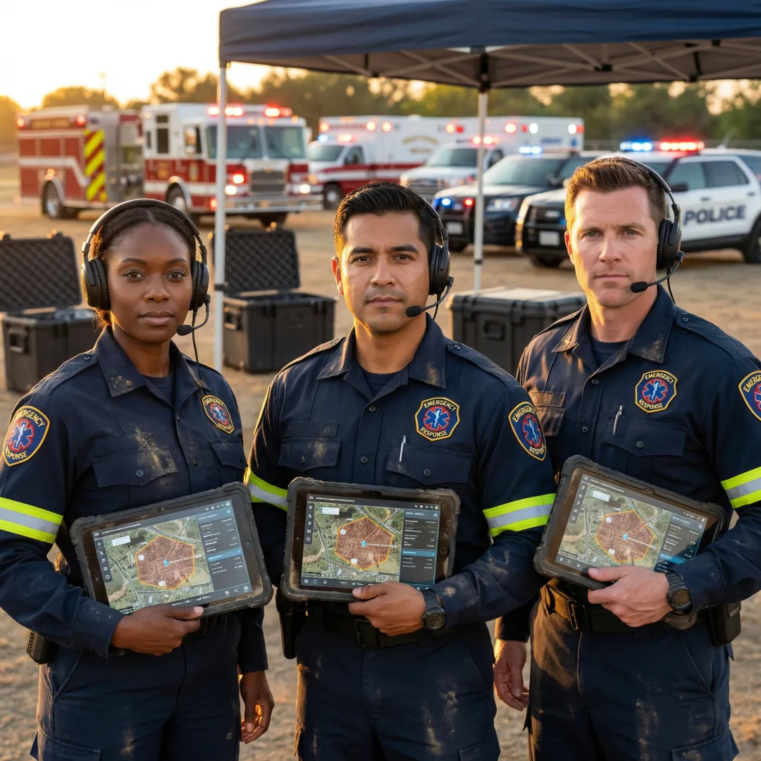 First responders using incident command software on tablets in field command post