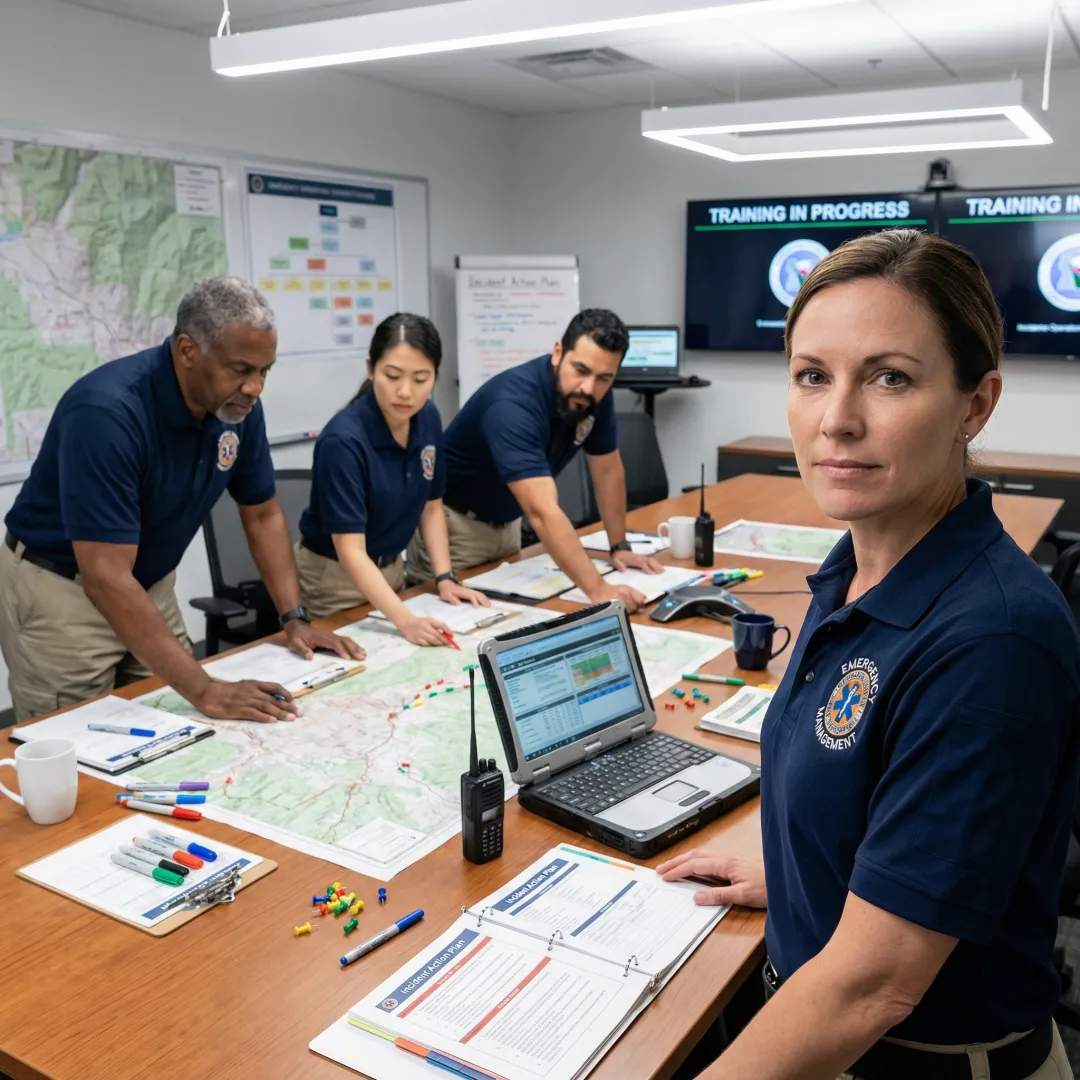 Emergency management team conducting training exercise with incident command system protocols