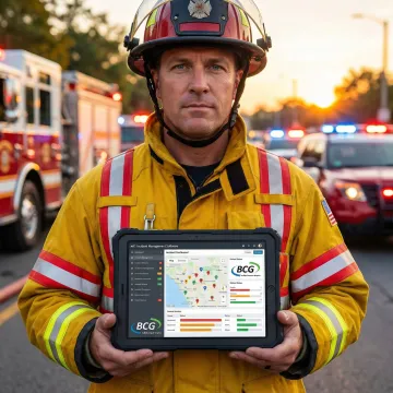 Firefighters using incident management software on tablet at fire scene