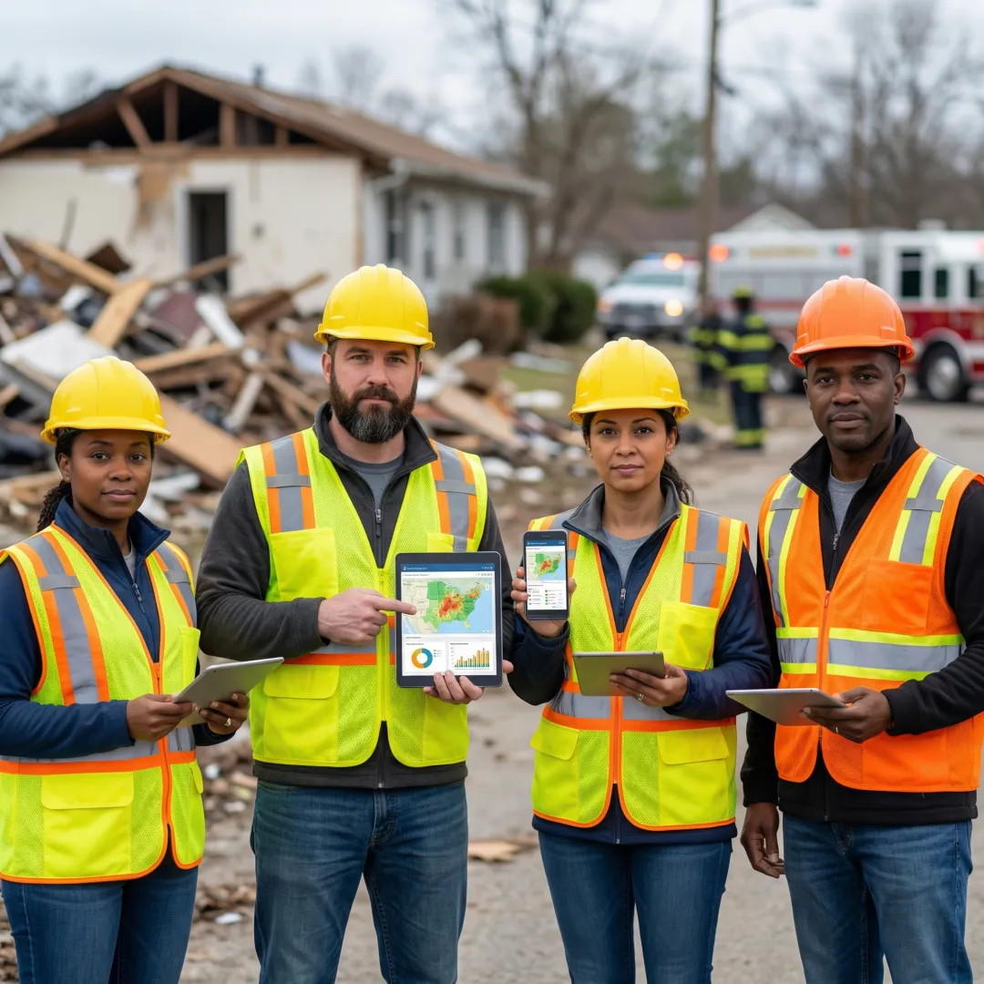 CERT team members using mobile devices with incident management software during community disaster response