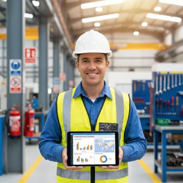 Safety manager using tablet to coordinate emergency response in industrial facility