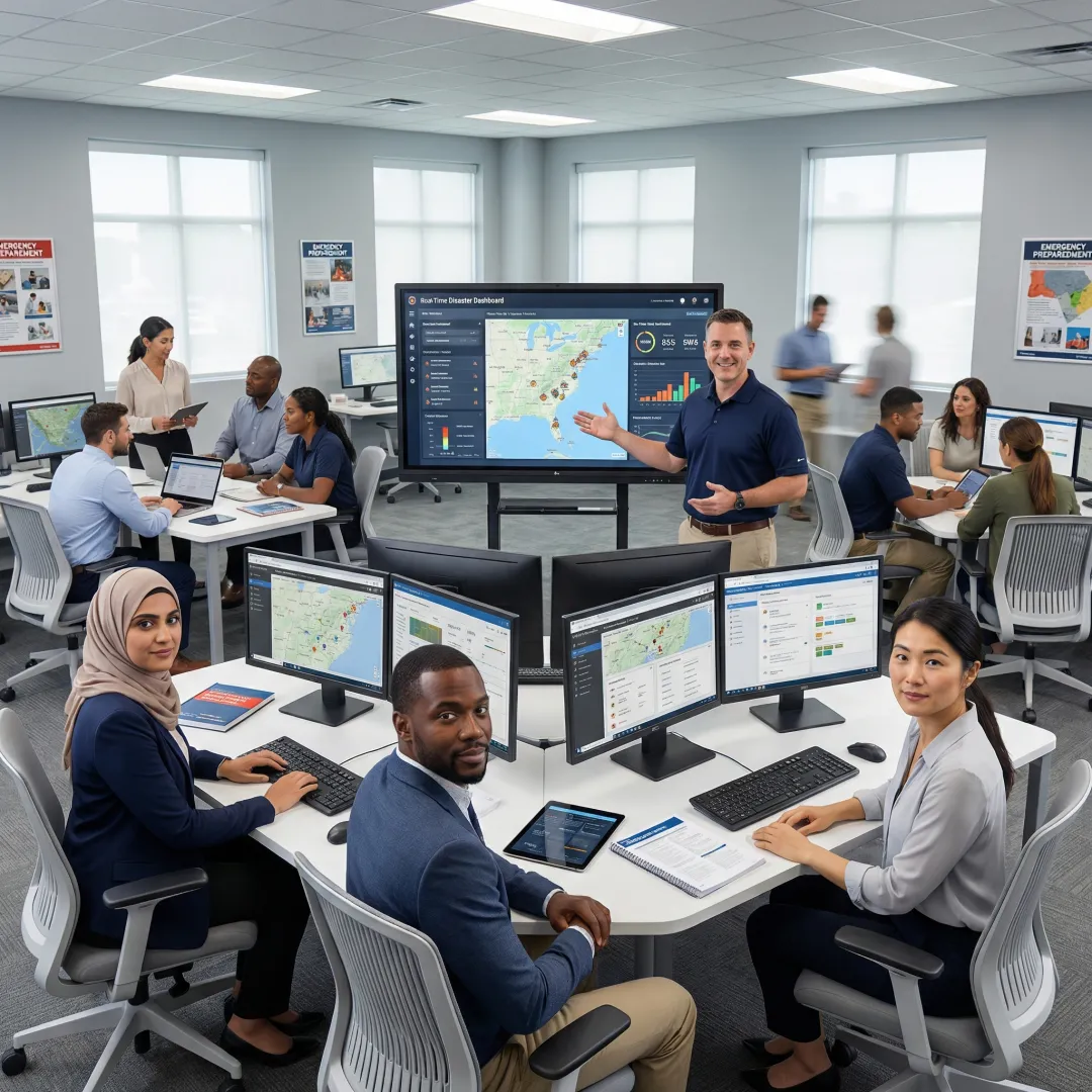 Emergency management team collaborating during incident management system training session