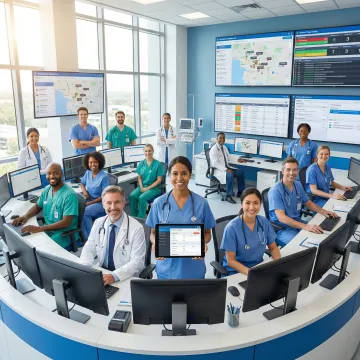 Healthcare emergency operations center with staff coordinating patient care during emergency response