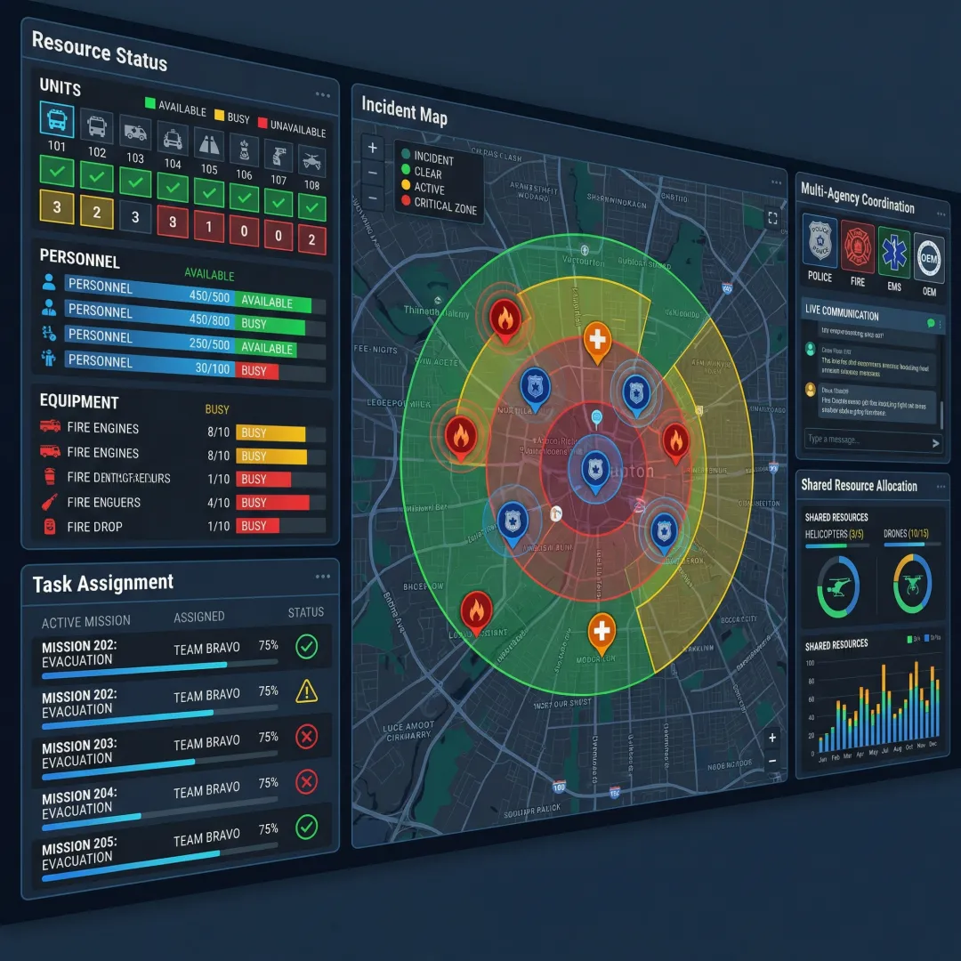 Emergency management software dashboard showing real-time incident tracking and resource allocation