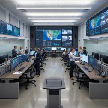 Emergency operations center with digital incident management platform displayed on multiple screens