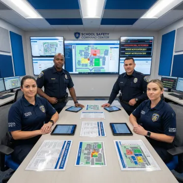 Emergency operations center displaying campus security monitoring software on multiple screens