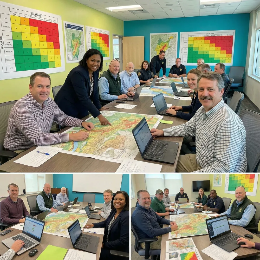Emergency management professionals reviewing risk assessment documentation and hazard analysis charts