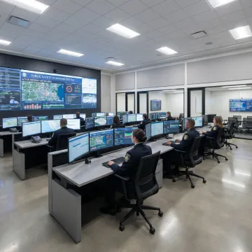 Emergency operations center with personnel coordinating critical incident response using advanced management systems