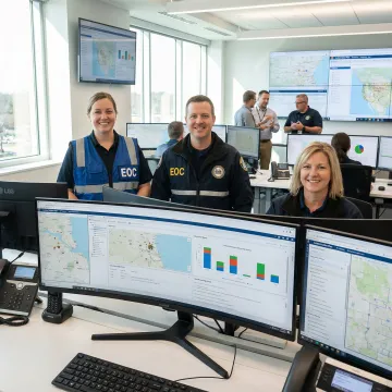 Public safety personnel using NIMS-compliant incident command software in emergency operations center