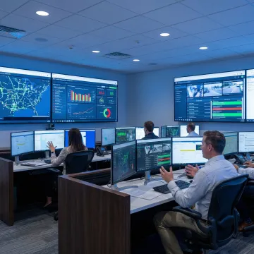 Emergency operations center with digital displays showing critical infrastructure monitoring systems