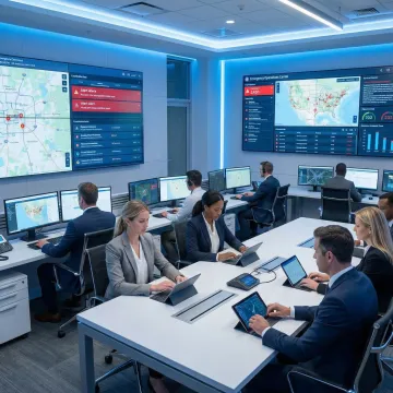 Emergency operations center with multiple screens displaying real-time incident management data