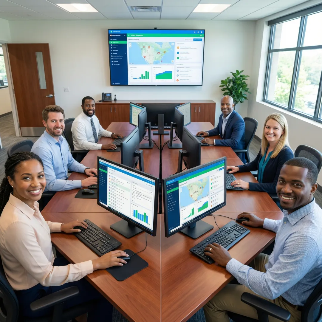 Emergency management professionals conducting system training in modern EOC facility