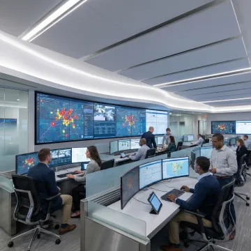 Global crisis management command center with digital incident tracking displays
