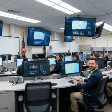 Emergency Operations Center command room with multiple display screens showing incident management software