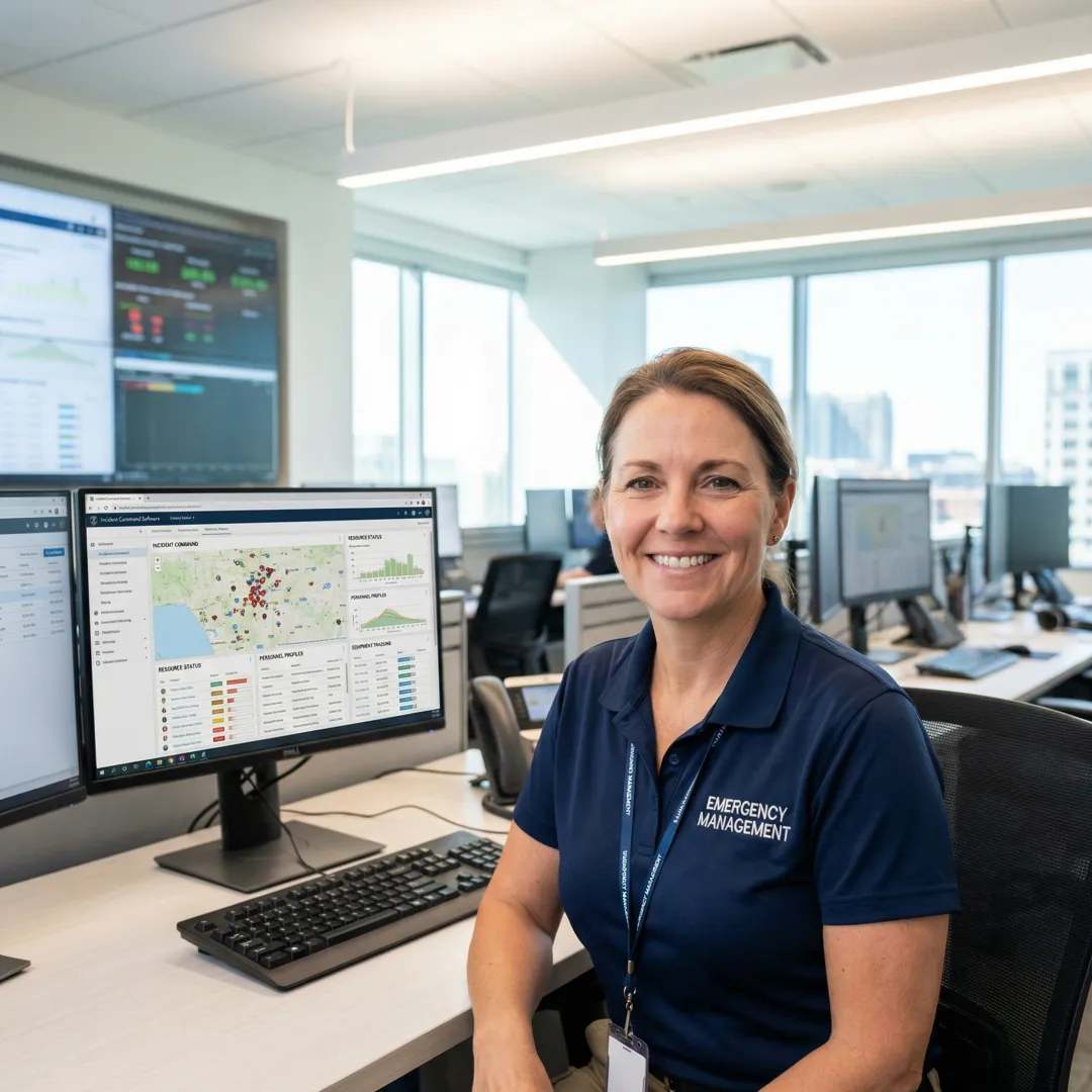Emergency manager using EOC incident management software on computer workstation