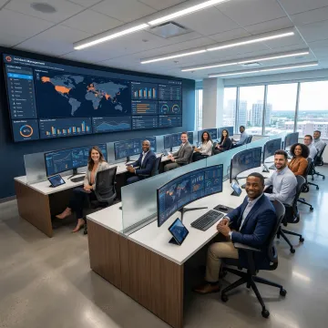 Enterprise incident management command center with multiple displays showing real-time crisis coordination