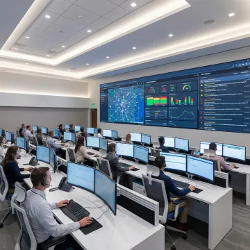 Emergency operations center with multiple displays showing incident management dashboard and status page