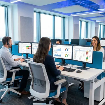 Professional customer service team using advanced CRM incident tracking software on multiple monitors