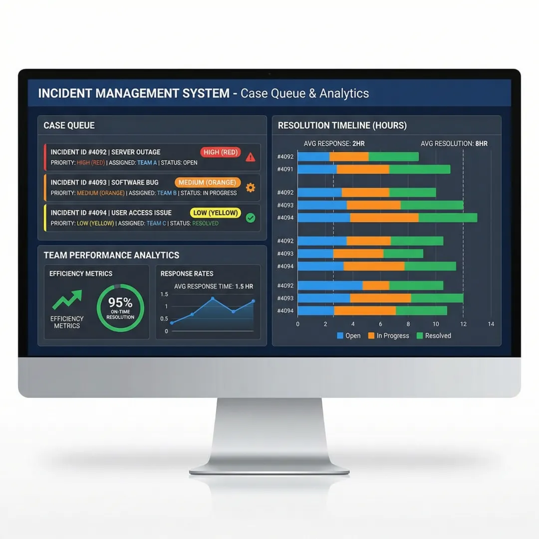 CRM incident tracking dashboard showing real-time case status, escalation workflows, and performance metrics