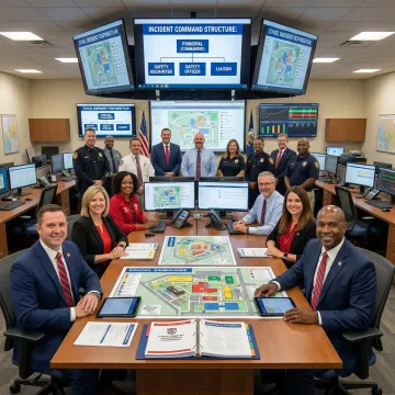 School emergency operations center with staff coordinating response using digital management systems