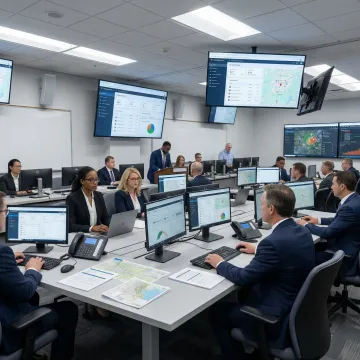 Enterprise team conducting crisis management simulation training in modern command center