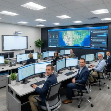 Emergency operations center with incident management software displayed on multiple screens