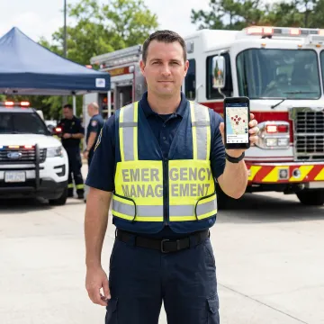Incident commander using crisis management software on tablet in field command post
