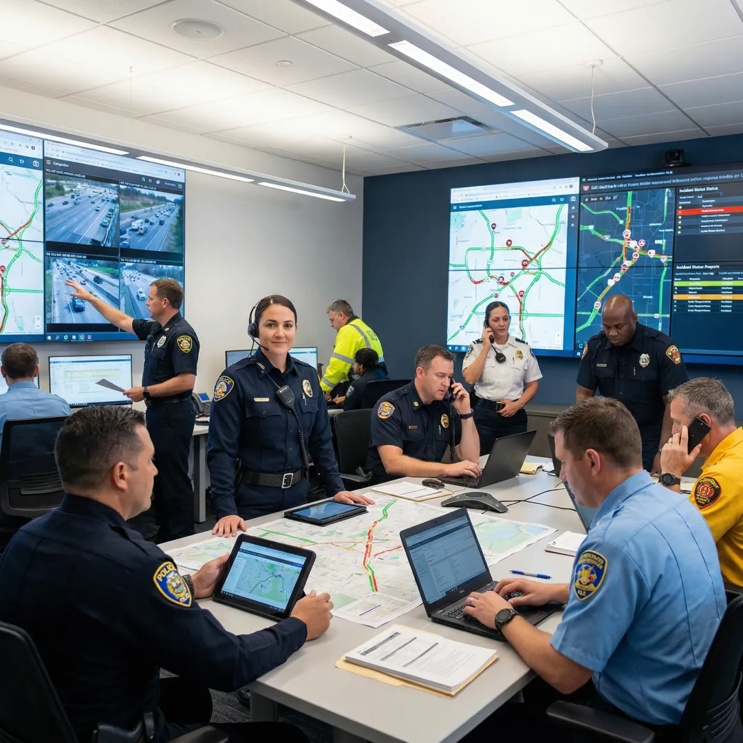 Traffic incident management command center with multiple screens showing incident data