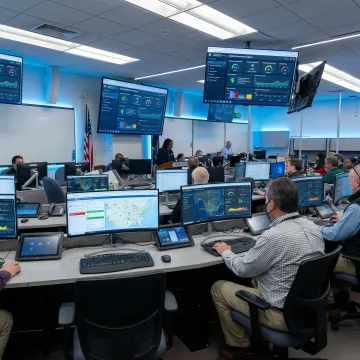 Emergency operations center with large display screens showing critical infrastructure monitoring systems