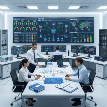 Critical infrastructure control room with monitoring systems and emergency response team