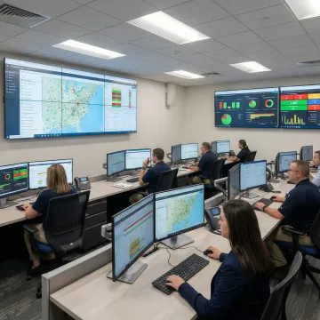 Professional emergency operations center with multiple monitors displaying incident management dashboards and compliance tracking systems