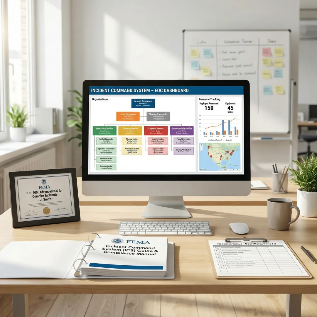 Compliance certification documents and incident management software interface showing NIMS standards alignment