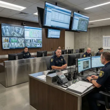 Correctional facility command center with emergency management software displaying incident status
