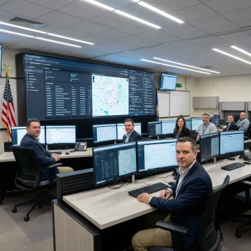Enterprise crisis management software command center with multiple monitors displaying real-time incident data