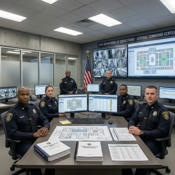 Correctional facility security command center with emergency management systems