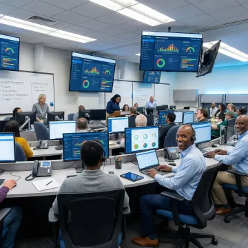 Professional help desk team using incident management software on multiple monitors