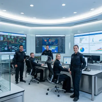 Industrial control room with cybersecurity monitoring displays showing OT incident response