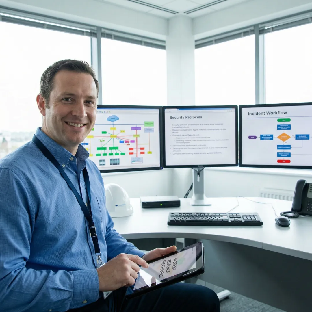 Industrial engineer reviewing incident response process documentation