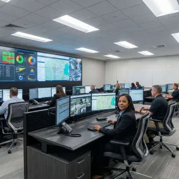 Enterprise computer-aided dispatch control room with multiple workstations and large monitoring screens