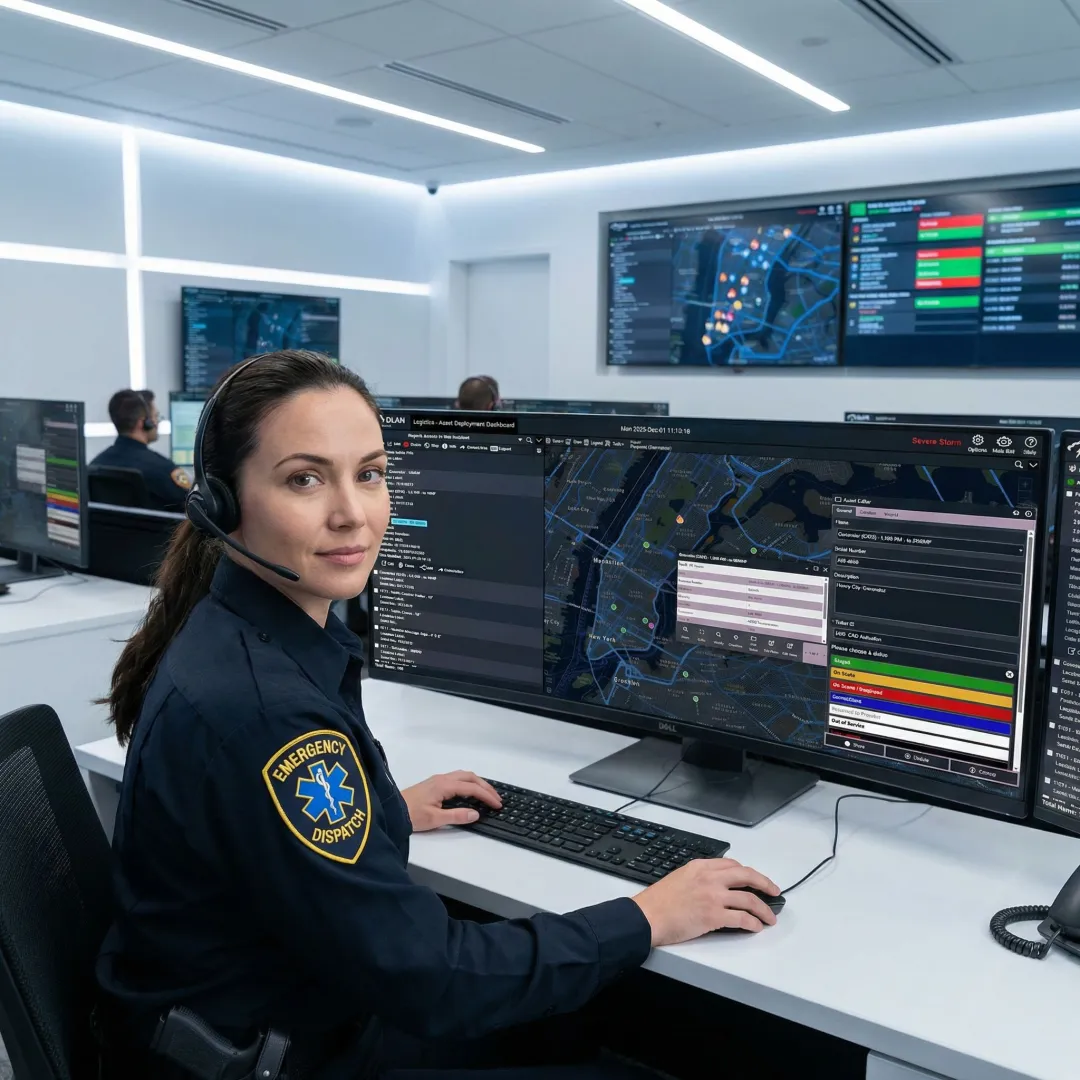 Emergency dispatcher using computer-aided dispatch system with multiple monitors showing incident data