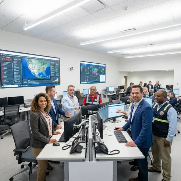 Emergency operations center team using incident command software on multiple screens
