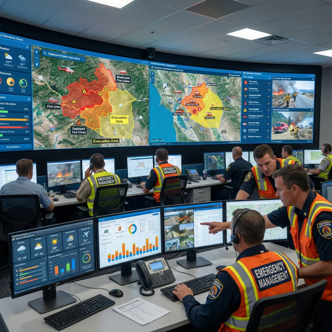 Wildfire incident command team coordinating response operations using digital management systems