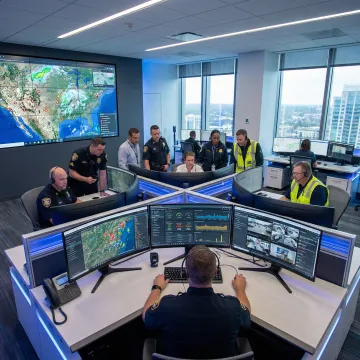 Emergency operations center with multiple screens showing disaster management dashboards and coordination systems